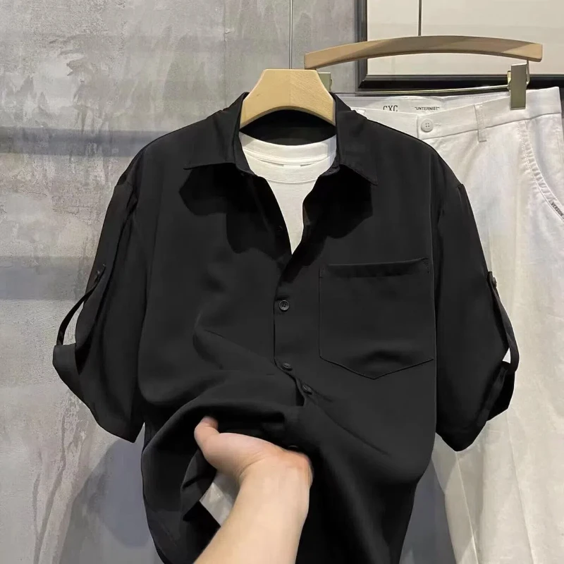 Men's Solid Pockets Patchwork Simplicity Fashion Blouse Summer New Short Sleeve Loose Korean Shirt Tops Casual Trend Men Clothes