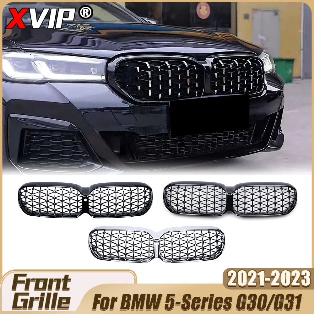 

XVIP Chrome Silver Diamonds Style Bumper Grille Glossy Black Front Racing Grille Upper Grille For BMW 5-Series G30/G31 2021-2023