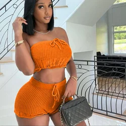 Sexy Knit Shorts Set Women Two Piece Set Summer Strapless Drawstring Crop Top and Shorts Vacation Outfits Ensemble Short Femme