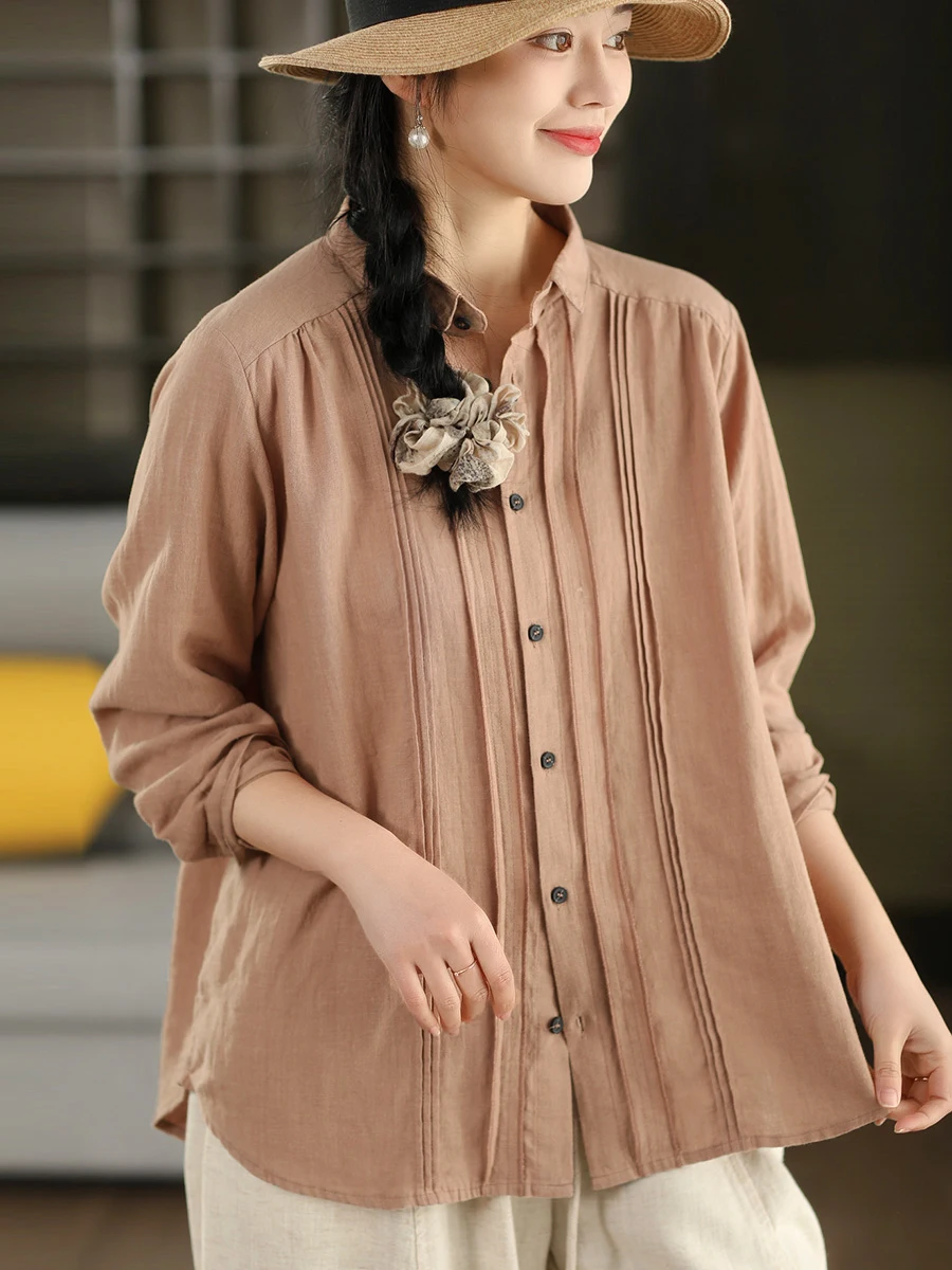 

Retro Waed 00% Linen irt Women's Spring Heavy Du Tu Pleat Collar Single Button Pure Color Top Breathable Long Sve