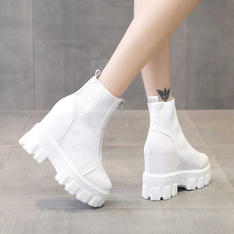 2024 New Winter Ankle Boots Women Quality Platform Boots Female Fashion Short Boot Black 11cm High Heel Zip Women Sock Shoes