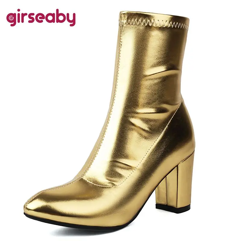 Girseaby 2024 Luxury Women Ankle Boots Round Toe Block Heels 10cm Zipper Big Size 44 45 46 Fashion Dating Party Short Booties