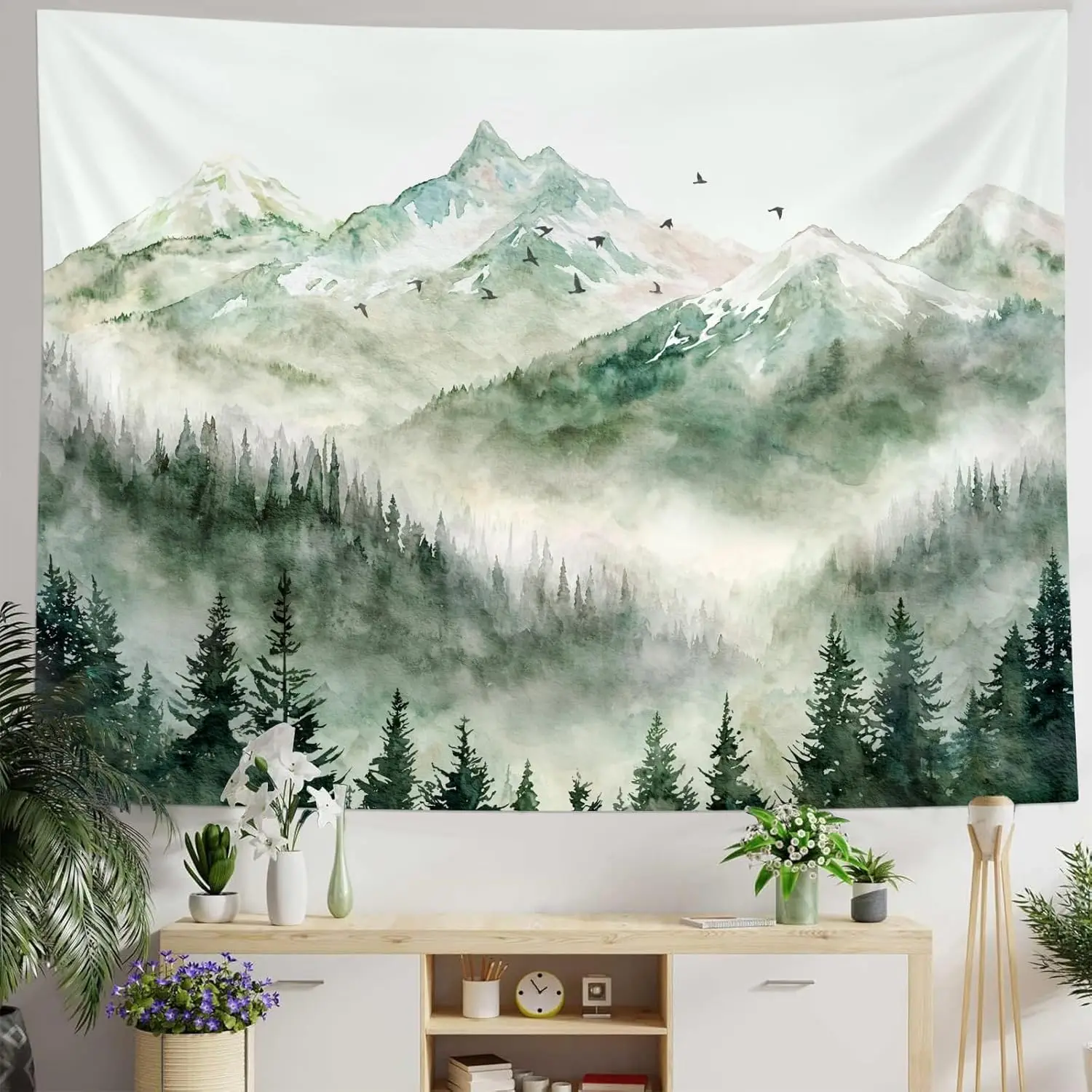 Mountain Watercolor Tapestry – Misty Forest Landscape Wall Art, Serene Nature Decor for Bedroom, Living Room