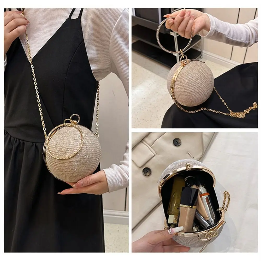 Fashion Circular Evening Bag Luxury Wedding Party Shoulder Bags Elegant Rhinestone Decorative Chain Banquet Clutch Handbags