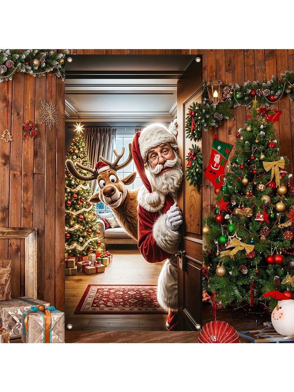 1 piece, Merry Christmas porch banner, Gift Santa applies to indoor outdoor front door home mural decoration