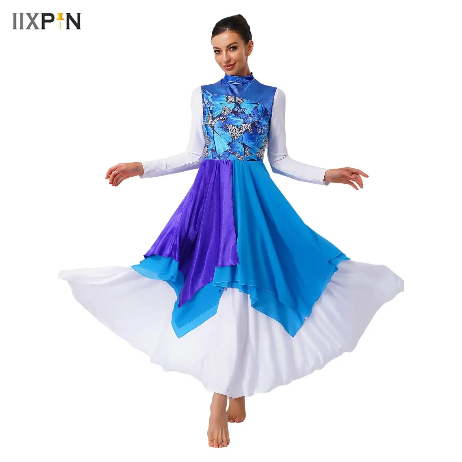 

Women Worship Liturgical Praise Dance Dress Sleeveless Print Patchwork Color Block Irregular Chiffon Hem Dress Lyrical Dancewear