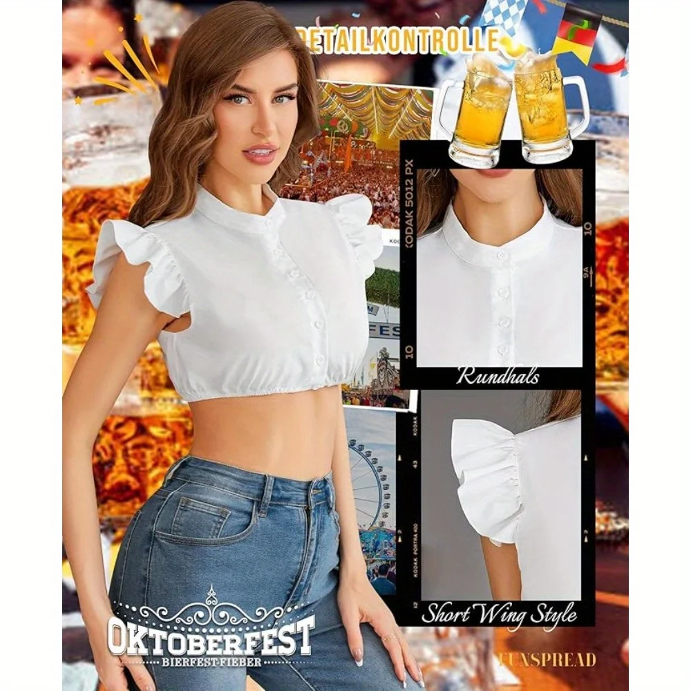 Vestido Oktoberfest Blusa blanca Camisa de manga corta para mujer con mangas aleteadas