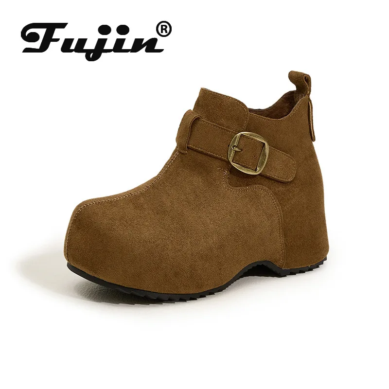 

Fujin 6cm Women Snow Boots Suede Leather Platform Boots Ankle Booties Comfortable Thermal Insulated Winter Boots non slip