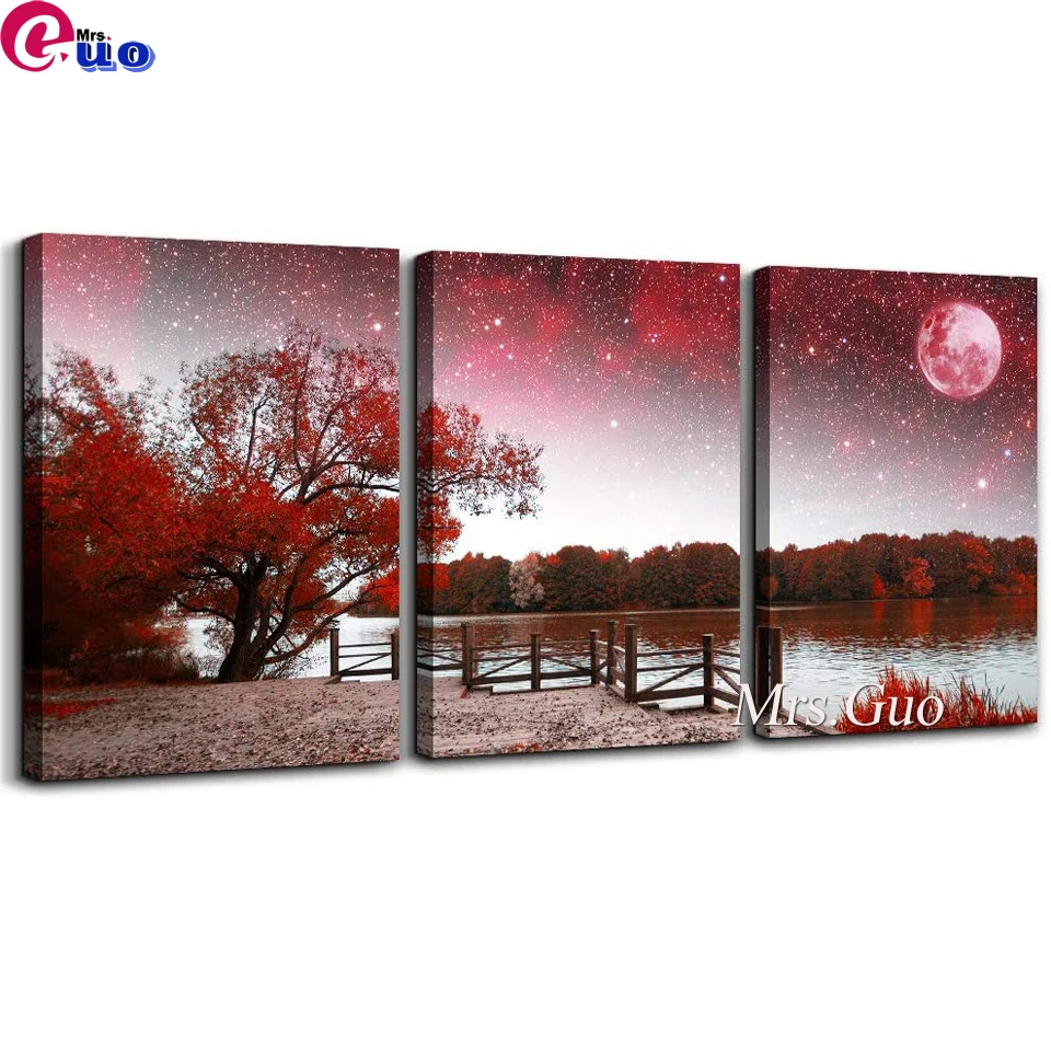 

3 pcs Red Tree Moon Scenery 5D Diamond Painting Triptych Full Drill DIY Diamond Embroidery Mosaic Craft Kit Sale Home Decoration