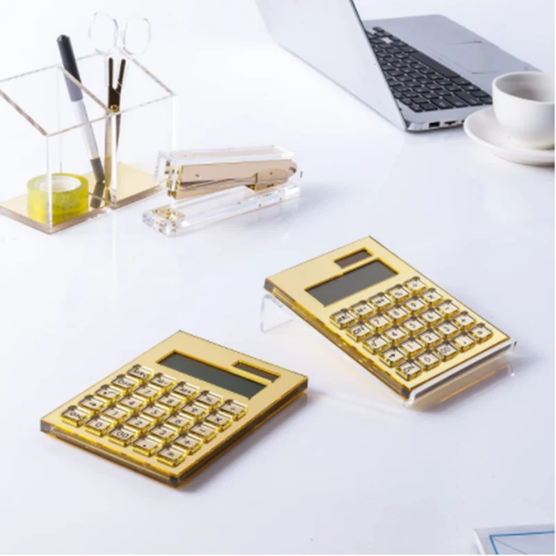 Acrylic Mirror Gold 12‑Digits LCD Calculator, Solar Powered Stationery Accessory for Office, Home and School Daily Calculation