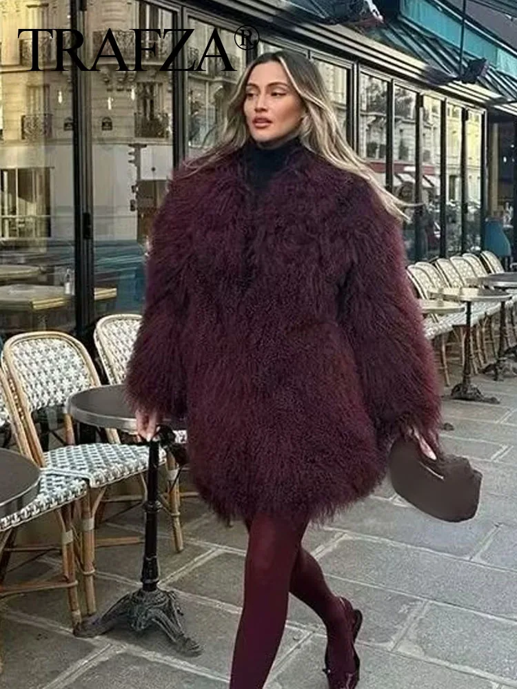 TRAFZA Winter Woman Wine Red Vintage Casual Outerwear Women Faux Fur Jacket Elegant Long Sleeves Turn Down Collar Warm Long Coat