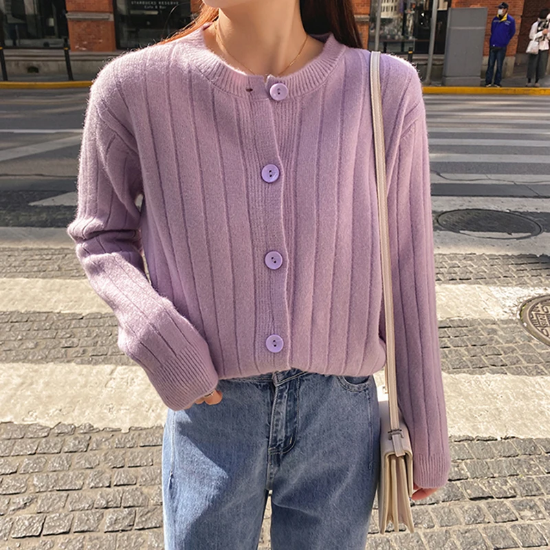 Purple Knitted Sweater Women Fashion Casual Long Sleeve Straight Button Cardigan Solid Elastic Vertical Pit Stripe Fall Jumpers