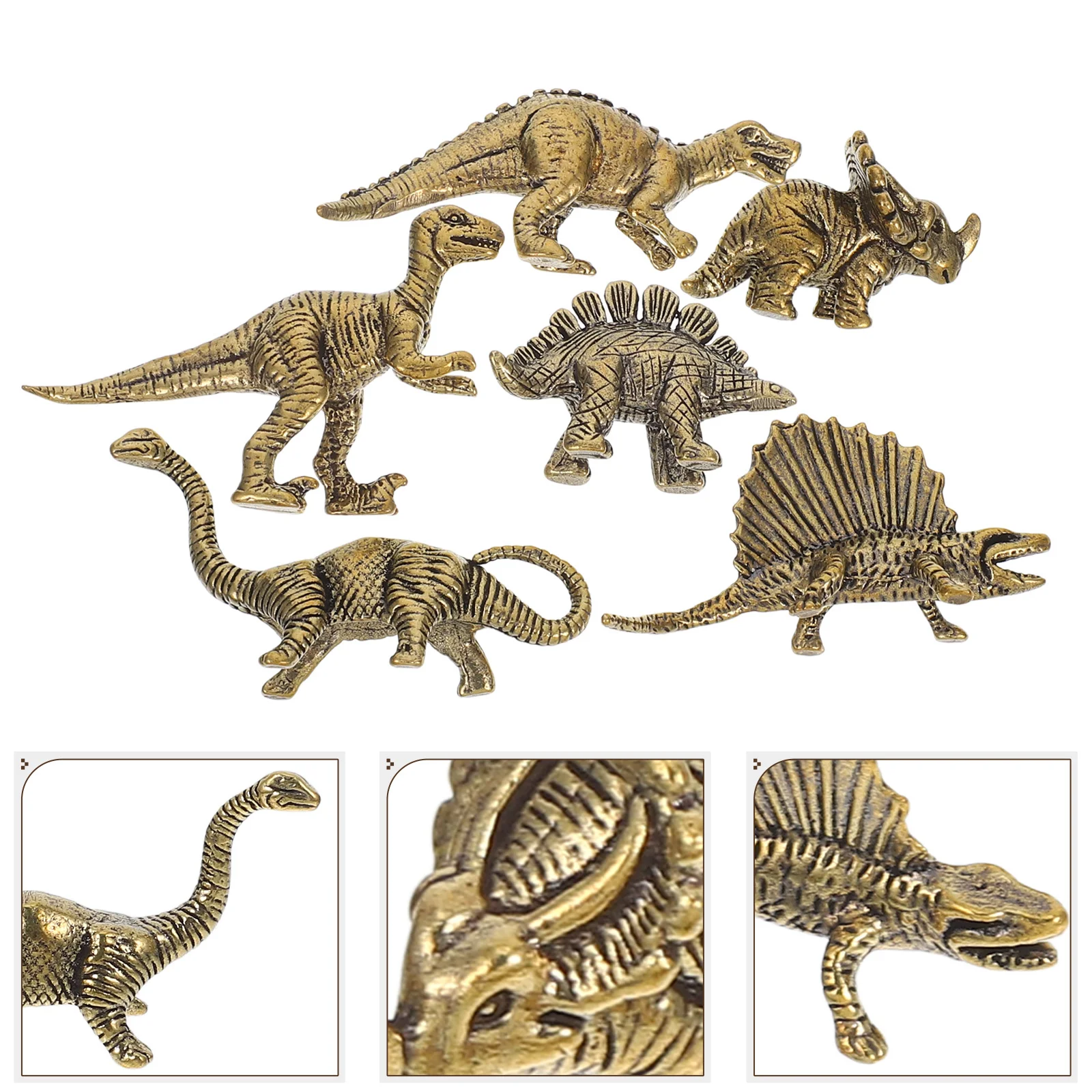 

6pcs Mini Brass Dinosaur Ornament Retro Vintage For Home Office Decor Tabletop Collection Display Craft Miniature Animal