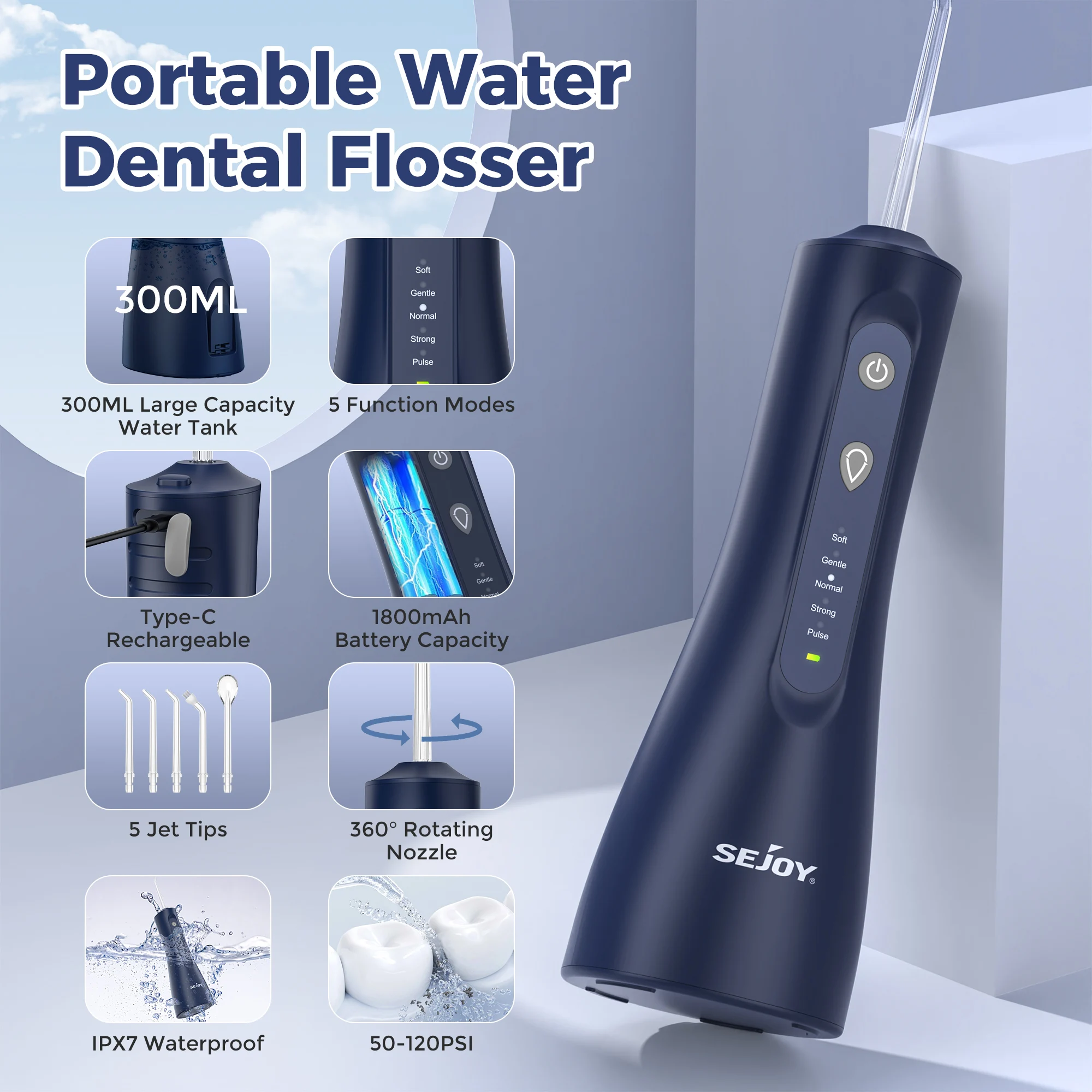 Sejoy Waterflossers voor tanden Elektrische monddouche Oplaadbare draagbare tandheelkundige 5 modi watertank 300 ml waterdichte reiniger