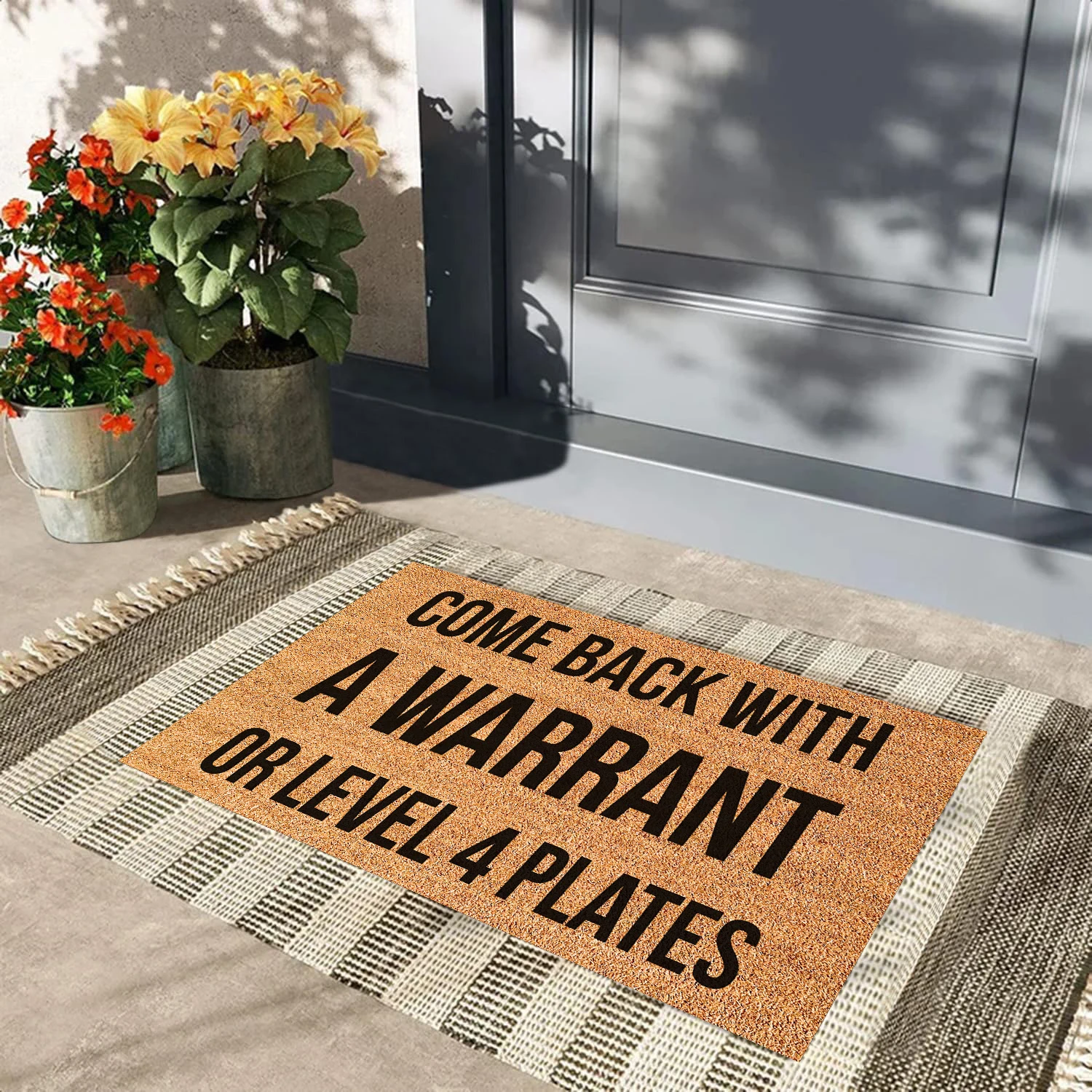 Come Back With A Warrant Or Level 4 Plates Doormat, Funny Door Mats For Entrance Floor Rubber Anti Slip Outdoor Entryway Rug