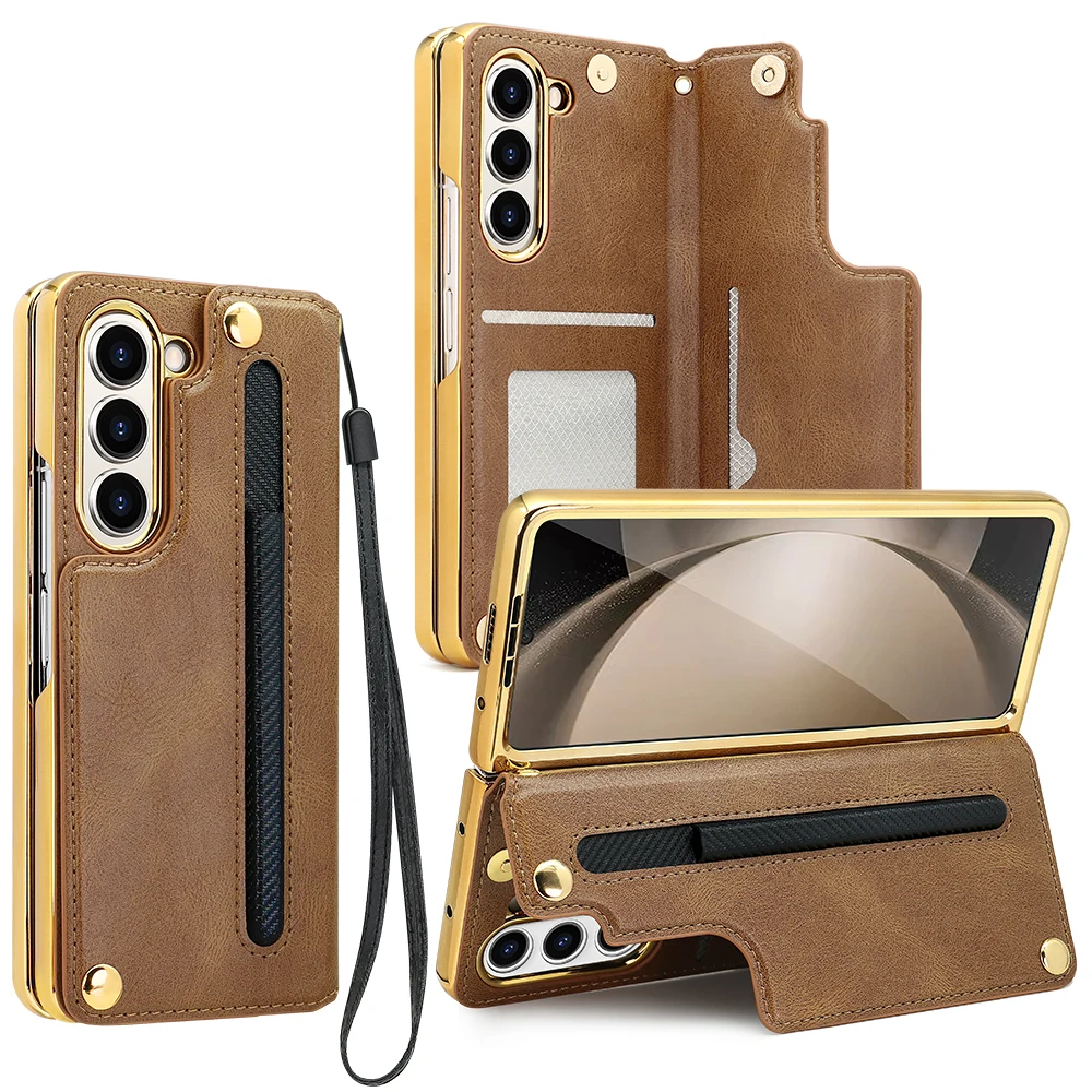 VIETAO Fold6 phone Cases For Men Golden Plated Leather Phone Cover Compatible With Samsung Galaxy Z Fold 6 5 4 Card Slot Holder