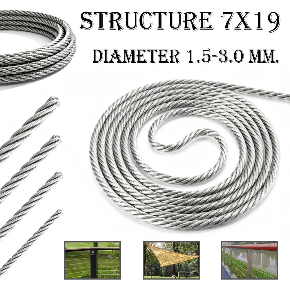 1Pcs 304 Stainlesss Steel Wire Rope 7x19, 1.5-3.0mm Heavy Duty Cable, Anti-Rust Lifting Rigging for Outdoor Hardware