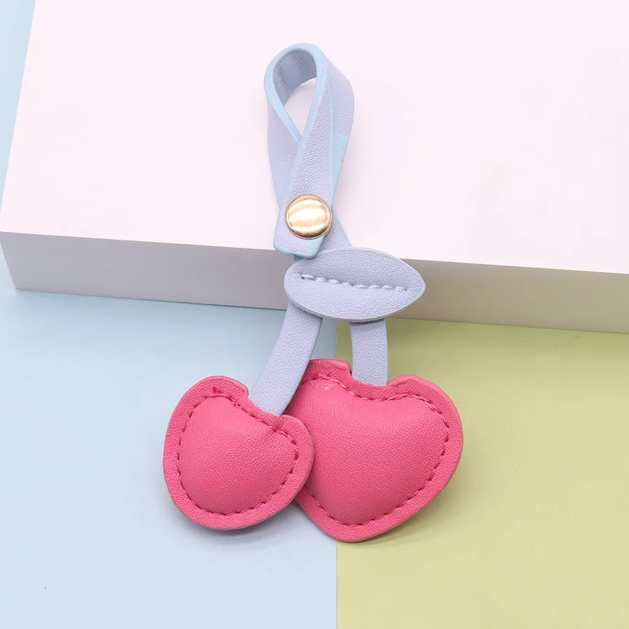 Pastoral Style Pu Cherry Keychain Cute Heart-Shaped Cherry Bag Pendant Girl Leather Ornament Gift Fresh Style Faux Leather Cherry Pendant 3D Stuffed Heart Cherry Keychain Girls Backpack Decoration Hanging Chain - view 5