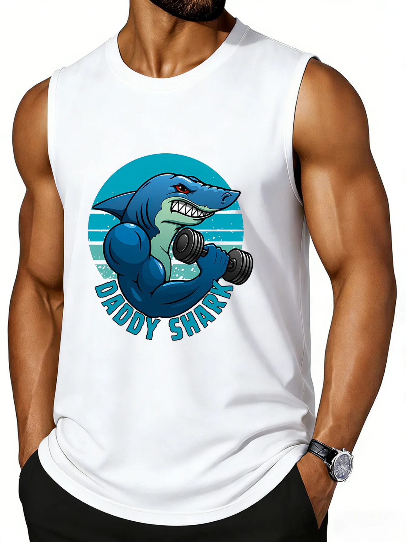 CLOOCL A Muscular Buff Shark Lifting Dumbbells Printed Vest Fashion Sports Vests Summer Men's Sleeveless T-Shirt Casual Top