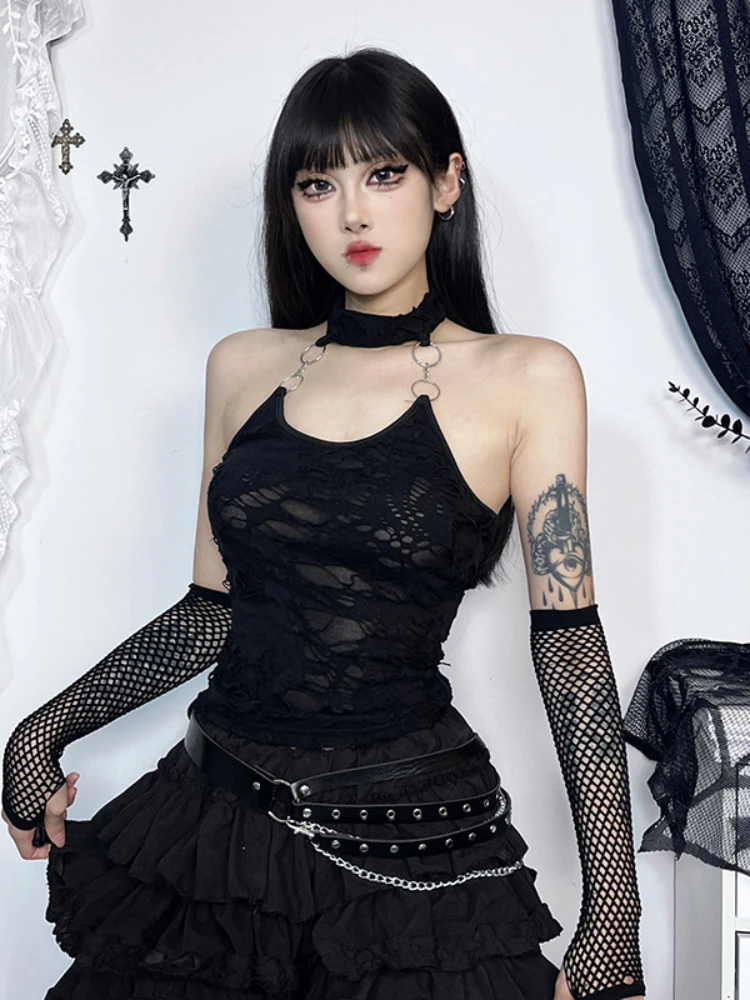 Gothic Halter Crop Top Women Vintage Cyberpunk Y2K Backless Ring Tank Top Sexy Harajuku O-Neck Bodycon Basic Tops