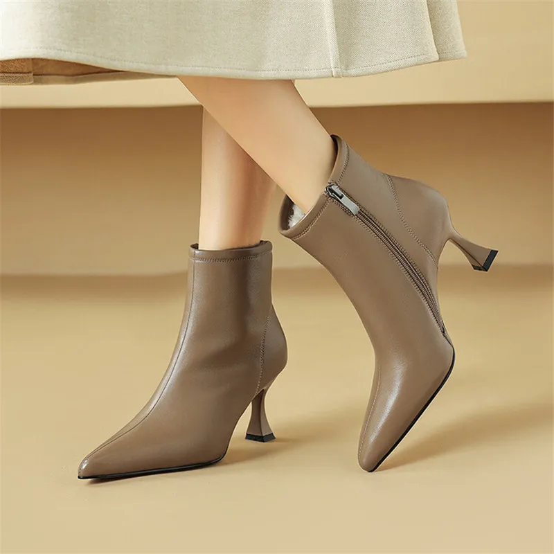 New Winter Genuine Leather Women Boots Shoes for Women Short Boots Pointed Toe Women Shoes Botines Mujer High Heels Ankle Boot - view 3