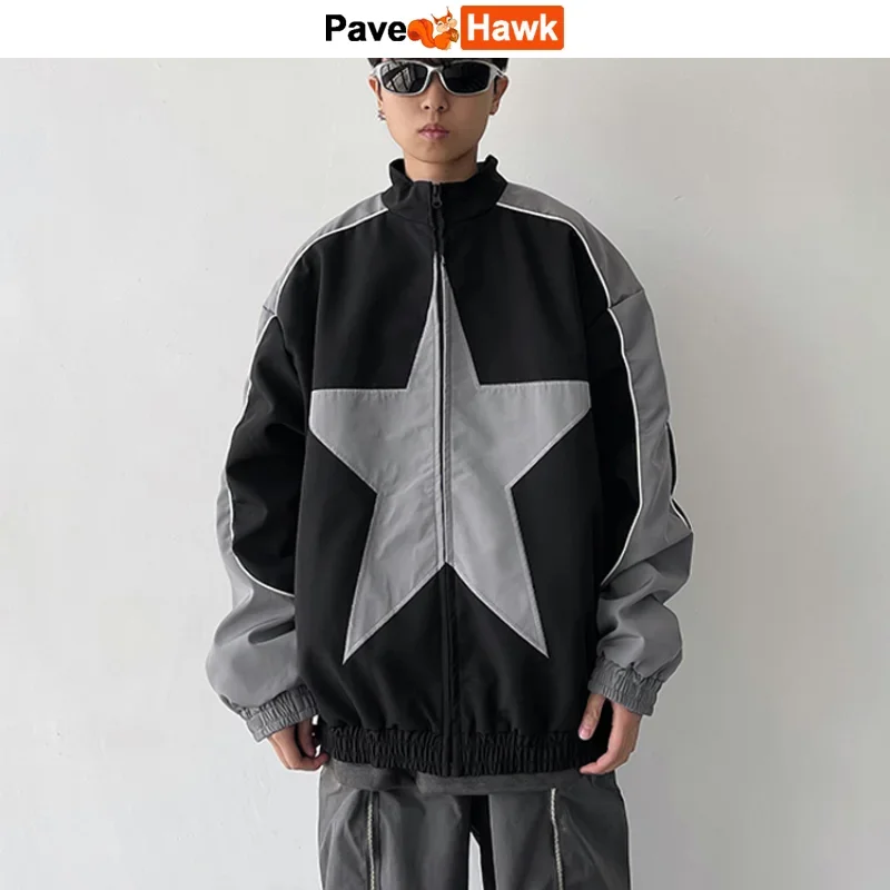 

Retro Bomber Jacket Men Women Five-pointed Star Patchwork High Street Varsity Coats Oversized Harajuku Y2k Sport Outwear Auitumn