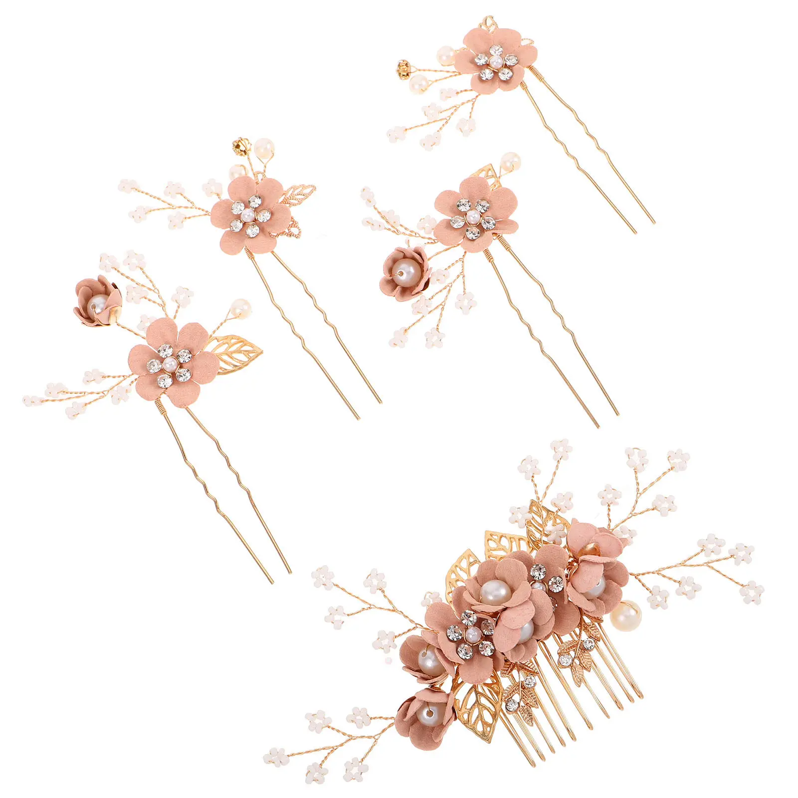

5Pcs Handmade Floral Hair Accessories Pink Bridal Flower Hairpins with Pearls Rhinestone Bobby Pins Wedding Hair Jewelry Vintage