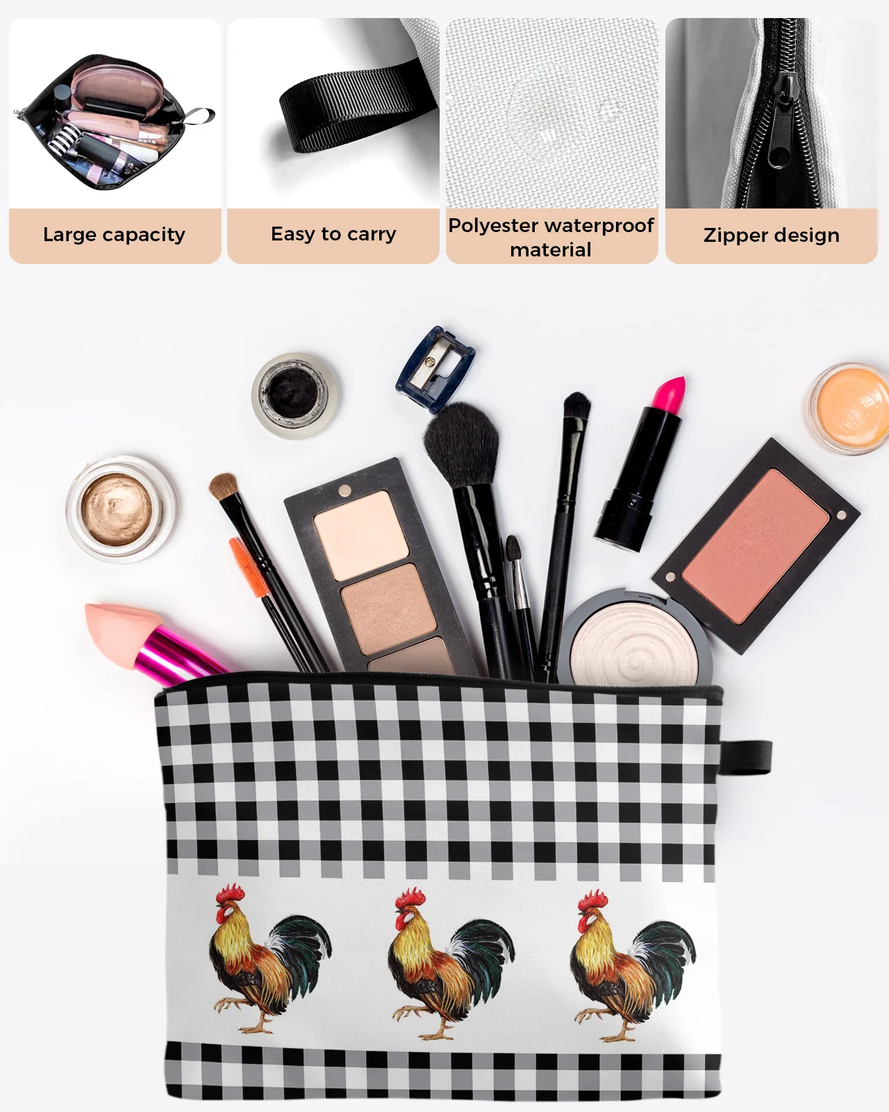 Farm Country Rooster Cosmetic Bag Portable Makeup Pouch Women Waterproof Bathroom Washbag Multifunctional Toiletry Kit