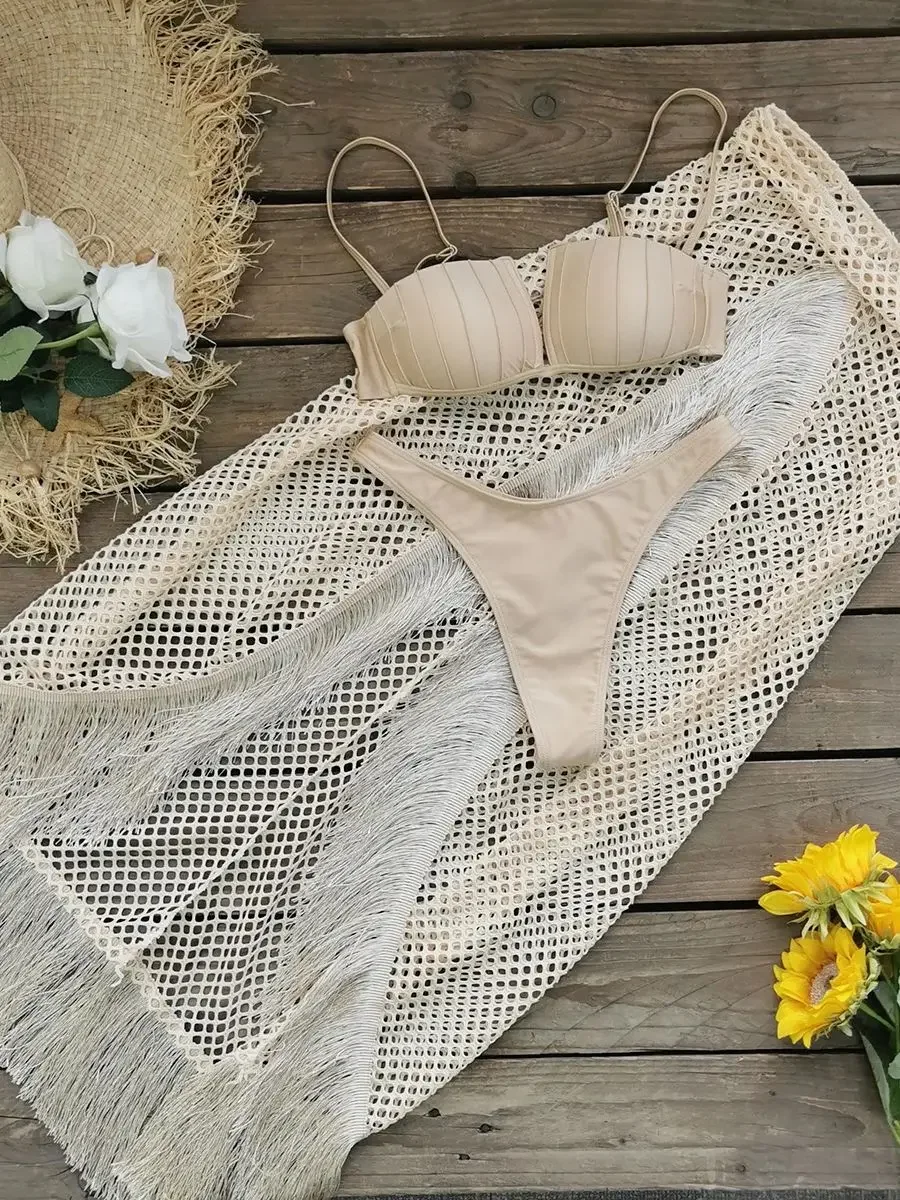 Sexy 3 Pcs Tassel Skirt Women Bikini and Skirt Underwire Swim Suit High Leg Bathing Suit Beach Vacation Casual Female Summer