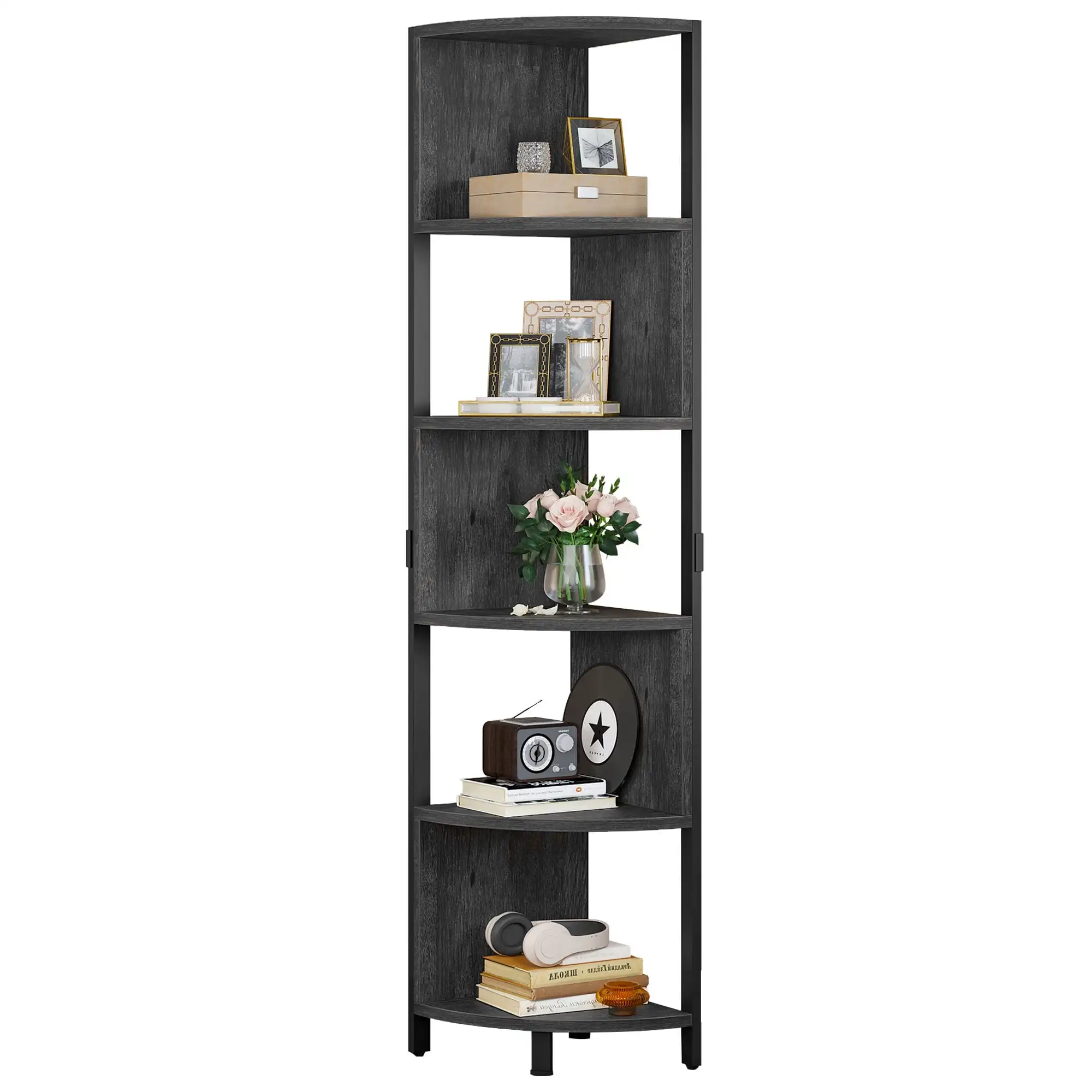 

6-уровневая угловая книжная полка Dextrus, узкая полка для хранения и подставка для растений для домашнего офиса, темно-серый + черный