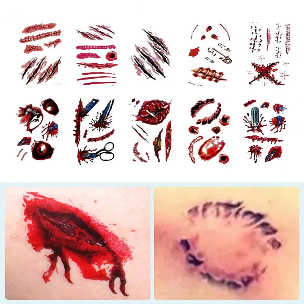 Easy to Apply Tattoo Stickers Realistic Halloween Tattoo Stickers Fake Blood Scars Wound Stitch Scar Waterproof for Zombie