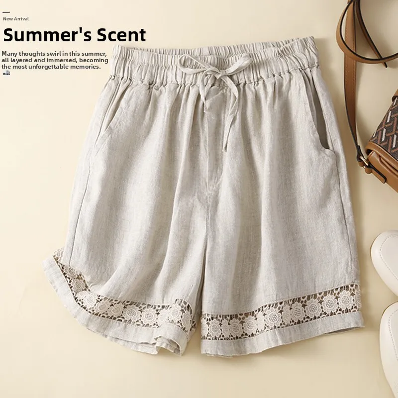 Letnie, cienkie, lniano-bawełniane spodnie damskie w stylu vintage z ażurową koronką, elastyczną talią, luźne, z szerokimi nogawkami, uniwersalne, z wysokim stanem.