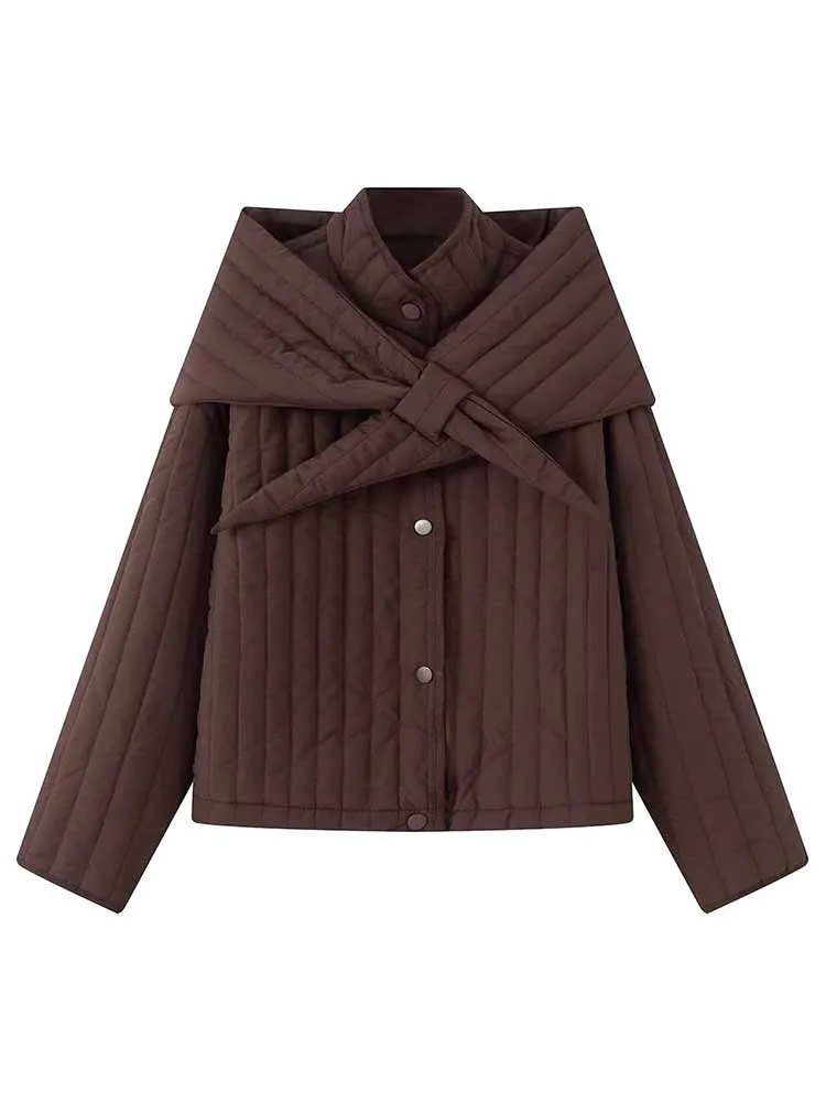 HH Female Fashion Casual Winter Solid Color Long Sleeves Stand Collar Removable Scarf Decoration Cotton Jacket Commuting Warm