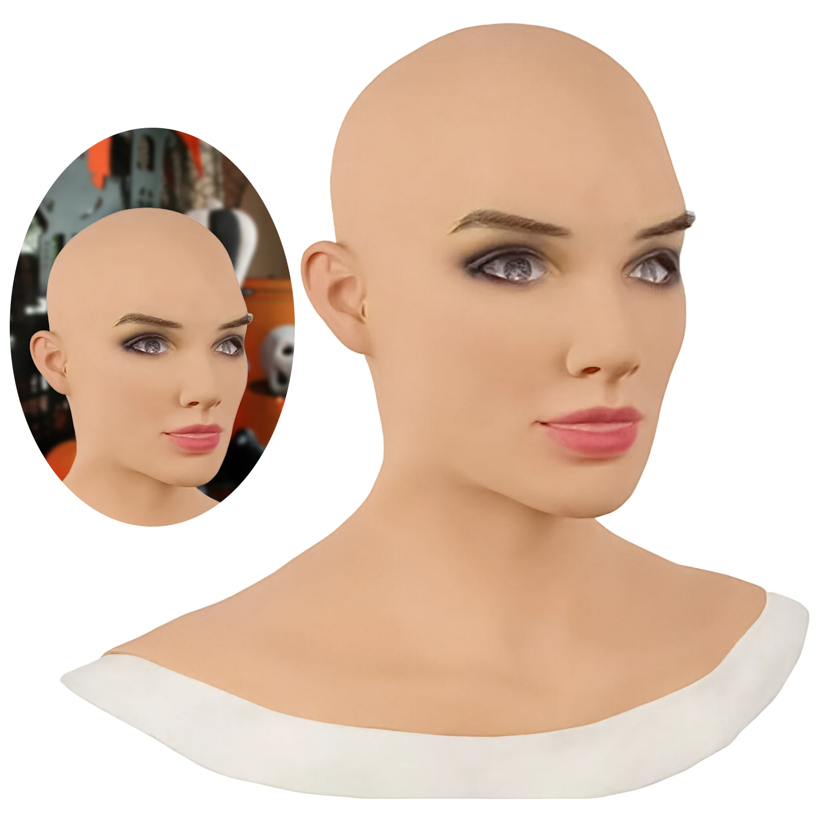 Halloween Costume Mask Bald Beauty Latex Head Cover Funny Face Prop for Adults Party Cosplay Stage Performance Durable Gear
