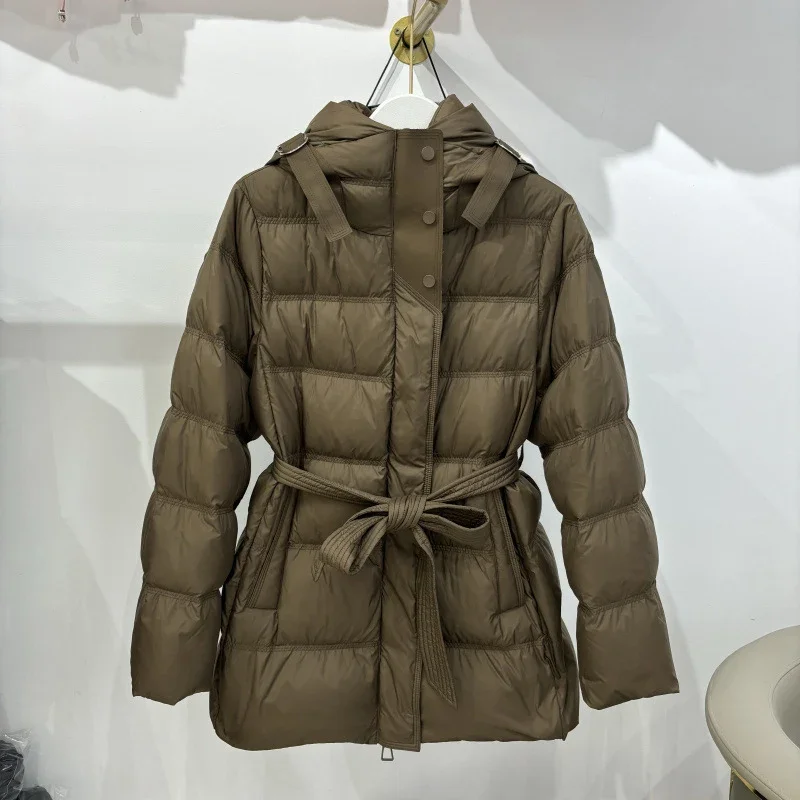 Schinteon 여성 화이트 오리 다운 재킷 후드 가을 겨울 따뜻한 사무실 레이디 아웃웨어 유행 코트 벨트 2024 새로운