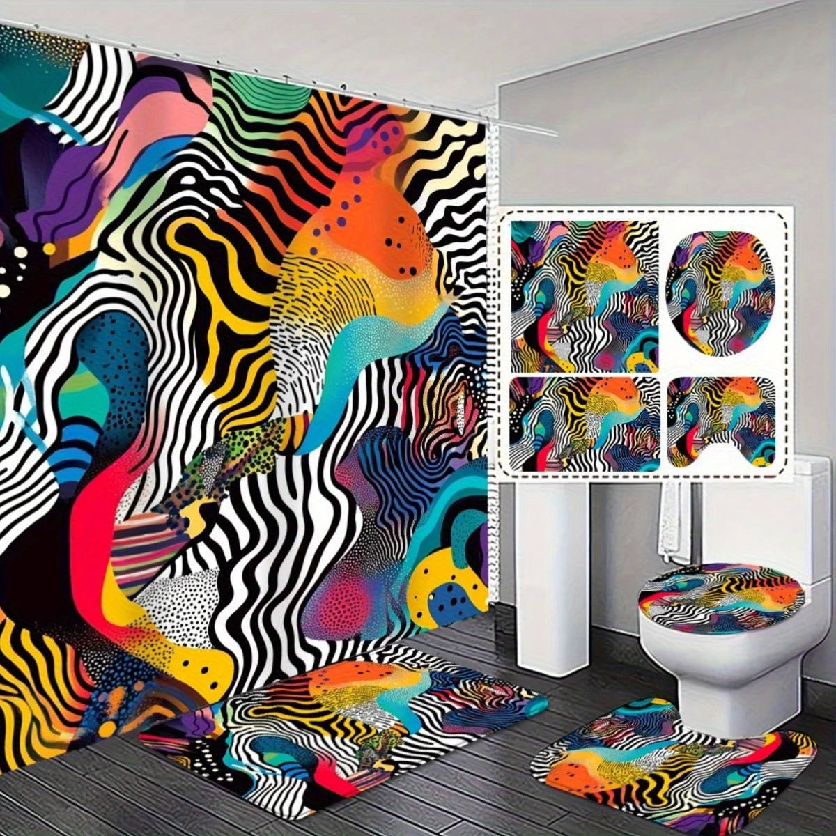 

4pcs. Colorful Abstract Art Bathroom Set - Shower Curtain and Non-Slip Absorbent Bath Mat - Soft and Comfortable Floor Rug