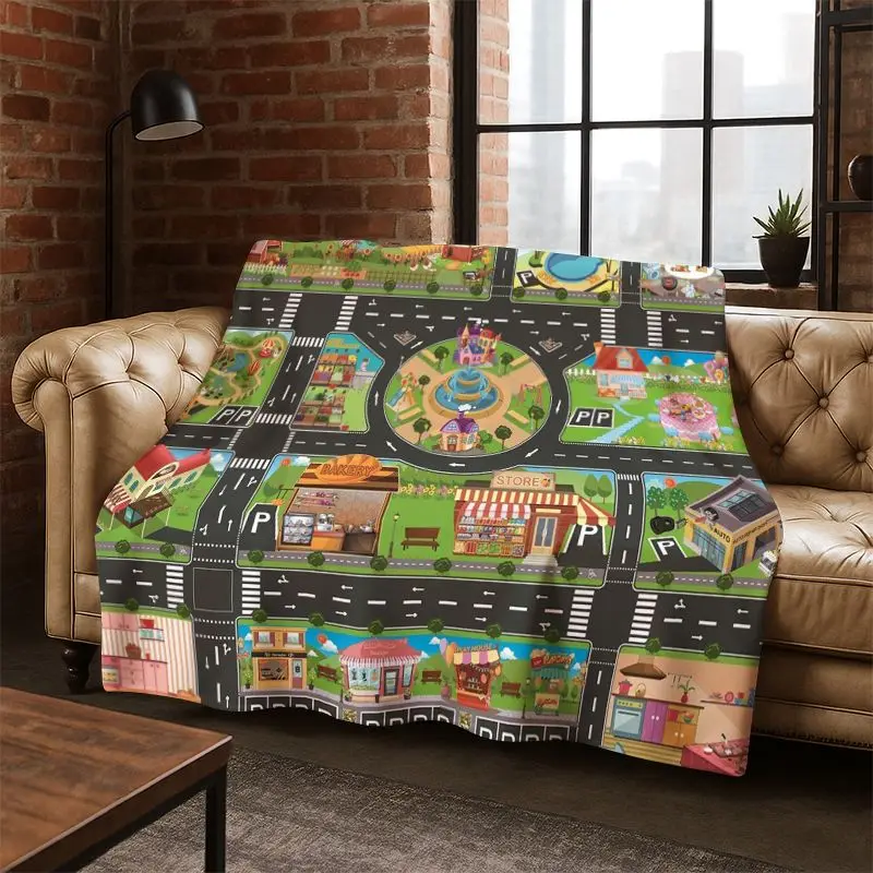 City Traffic Road Highway Runway Child Flannel Blanket Throw Blanket for Bedroom Living Room Bed Travel Camping Picnic Gift