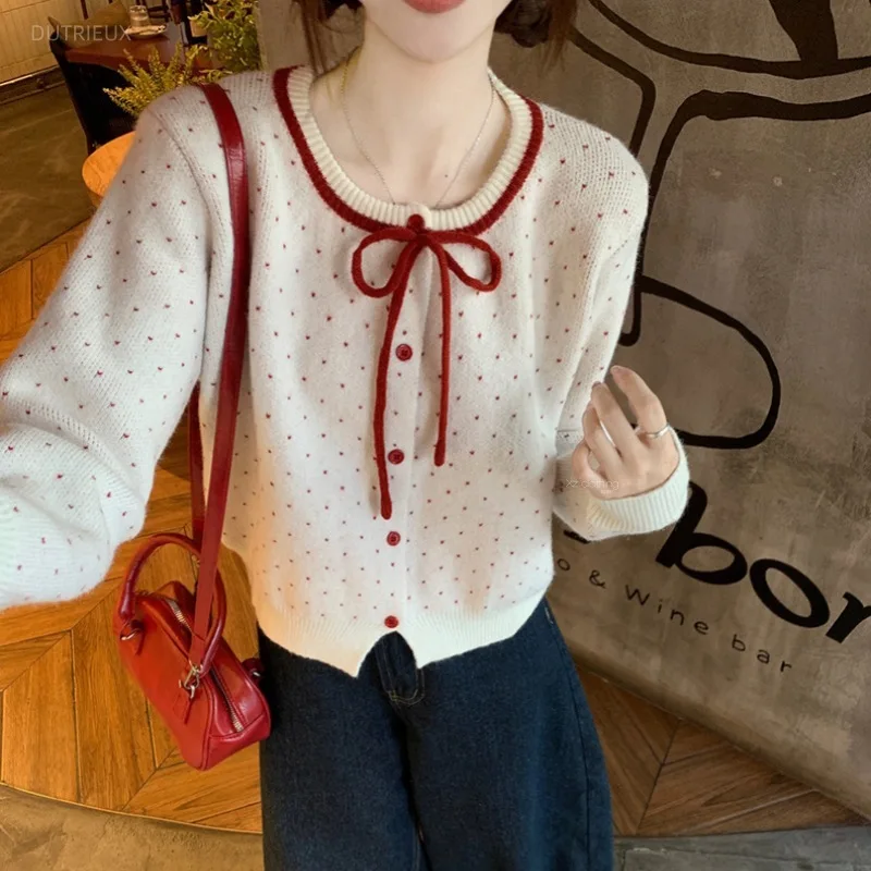 Autumn Winter Clothes Woman Sweaters Sweet Bows Polka Dot Warm Cardigans Korean Fashion Retro Chic Sueter Mujer