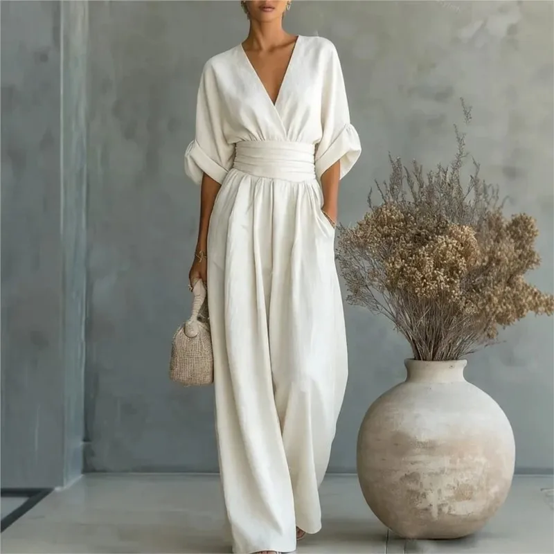 Elegant Commuting Women's Jumpsuit 2026 Summer Solid Color V-link Half sleeve Loose Slim High Waist Business Rompers Office Lady