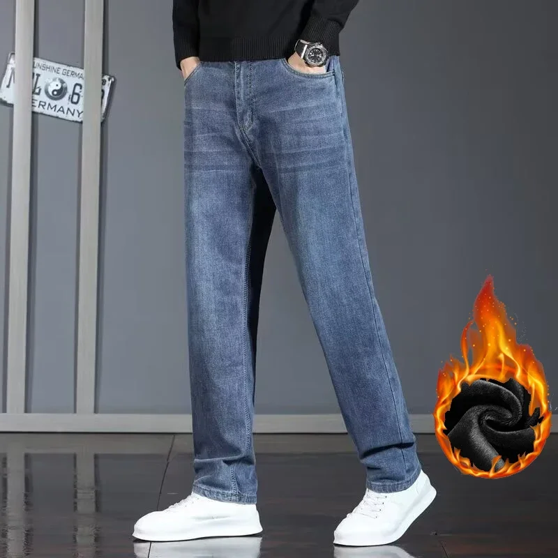 Winter New Men Thickened Warm Stretch Denim Trousers Male Business Versatile Fleece Jeans Fashion Loose Straight Casual Pants