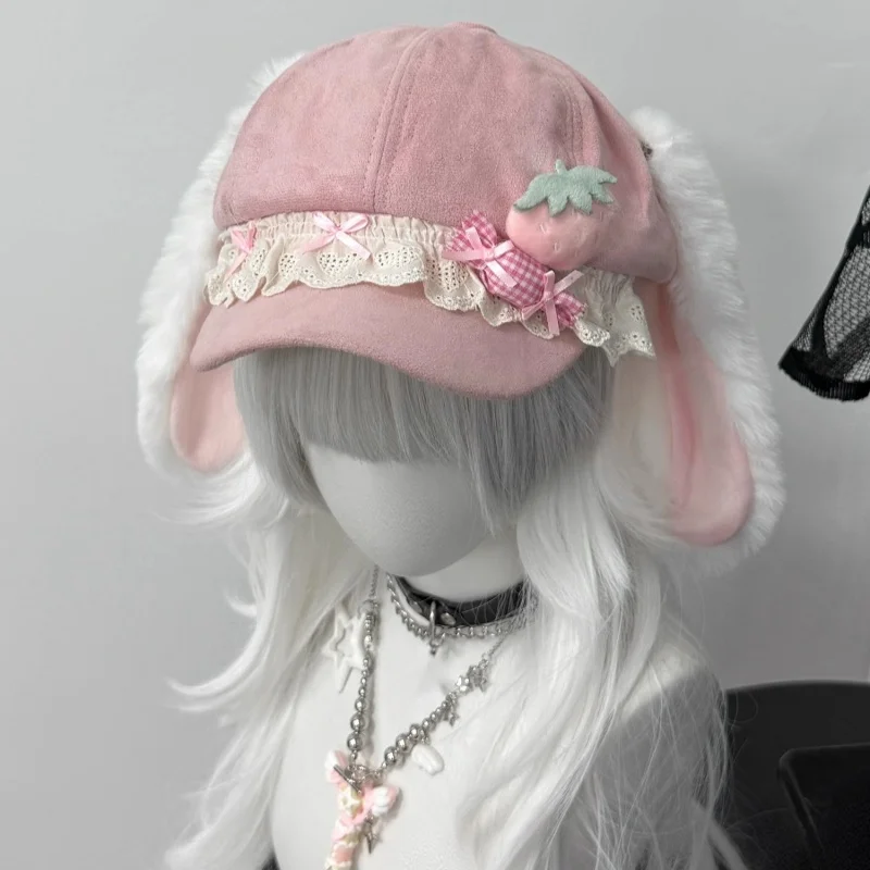 New Original Japanese Lolita Strawberry Soft Candy Hat Y2K Girl Subculture Lace Bow Beret Women Adorable Octagon Hat