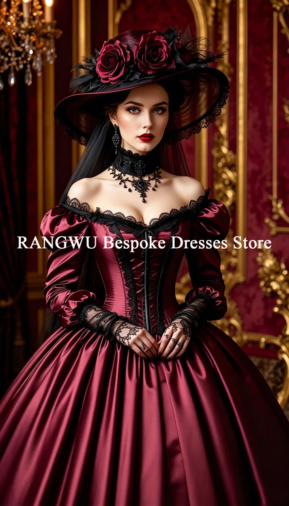 Antique Black And Red Gothic Wedding Dresses Off Shoulder Long Sleeves Rustic Country Bridal Gowns Halloween Vampire Medieval