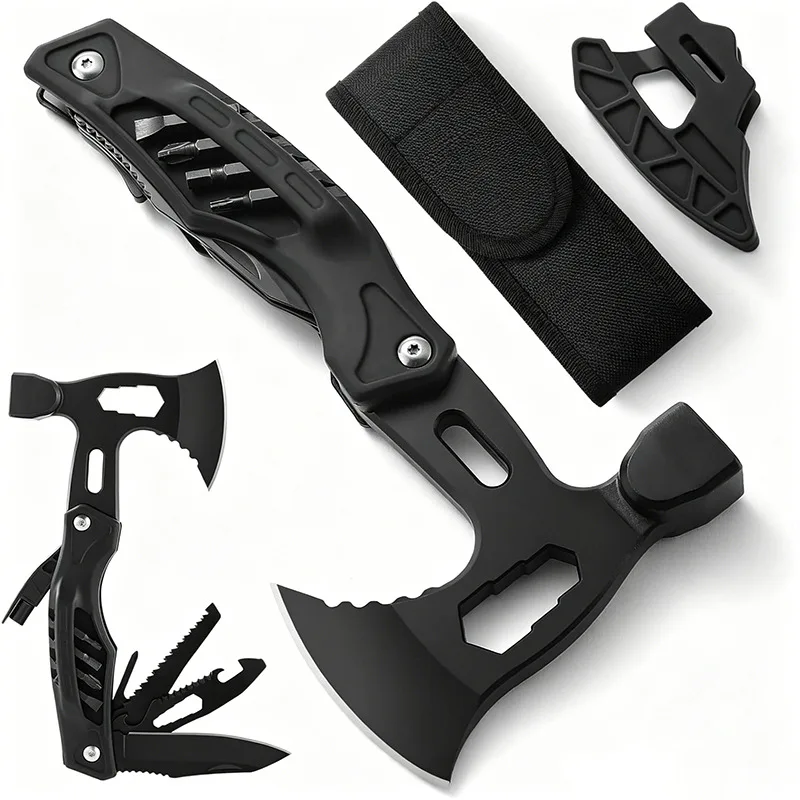 Hacha multifunción con martillo, herramienta de supervivencia con cuchillo y destornillador para camping y emergencias en el coche
