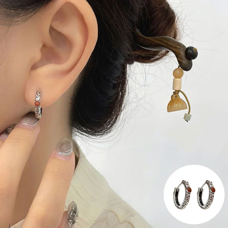 

100% 925 Sterling Silver Agate Geometric Earring for Women Girl Ethnic Hollow Out Texture Design Jewelry Party Gift Dropshipping