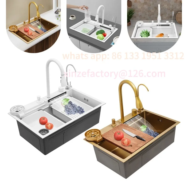 

CustomizableSink Integrated Sink with Detachable Faucet Golden/White Selectable 201 Stainless Steel Kitchen Sink Waterfall