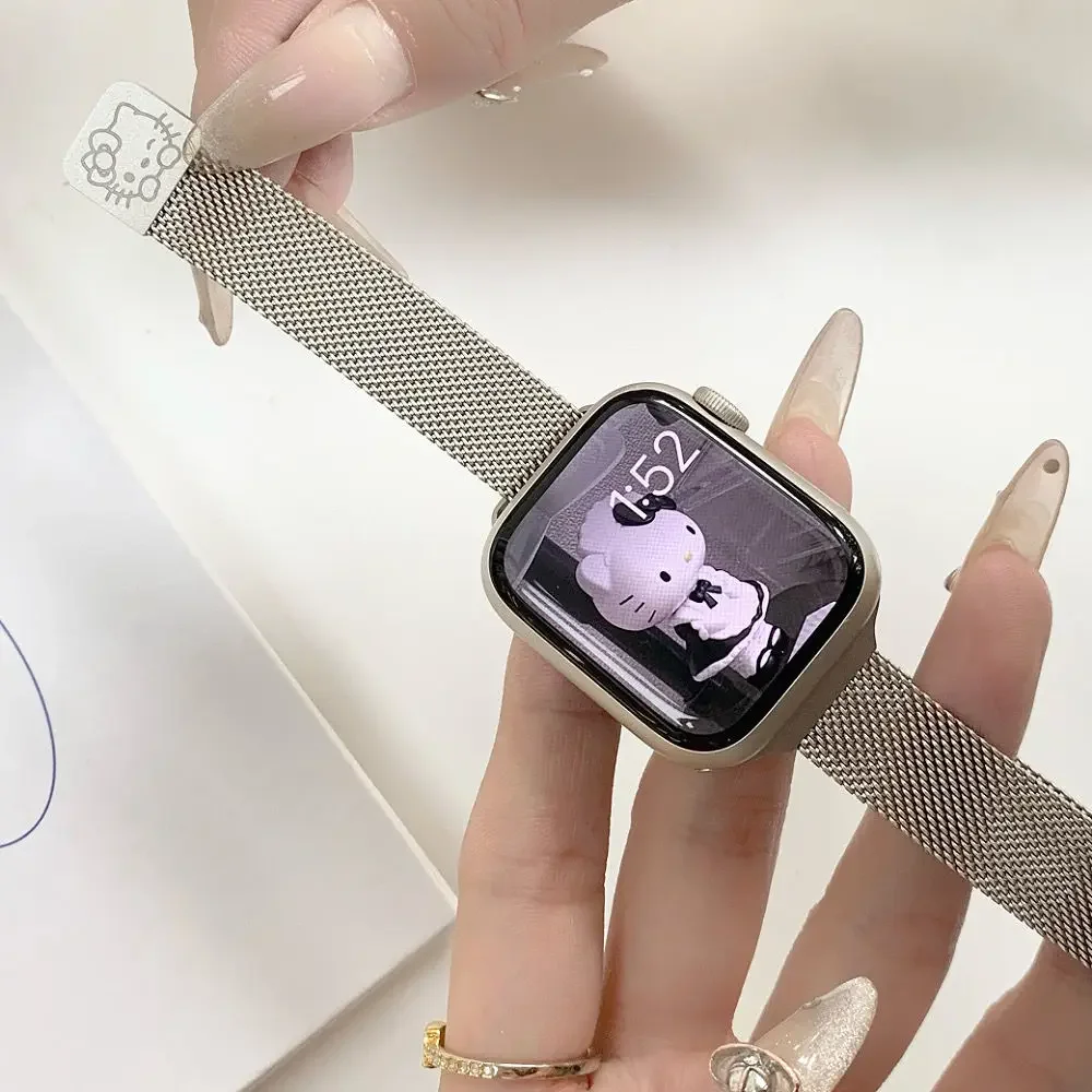 Sanrio Hello Kitty correa de metales para Apple Watch Band 38/40/41/42/44/45/49mm IWatch Apple Watch 8 7 6 5 SE pulsera de lujo de Anime