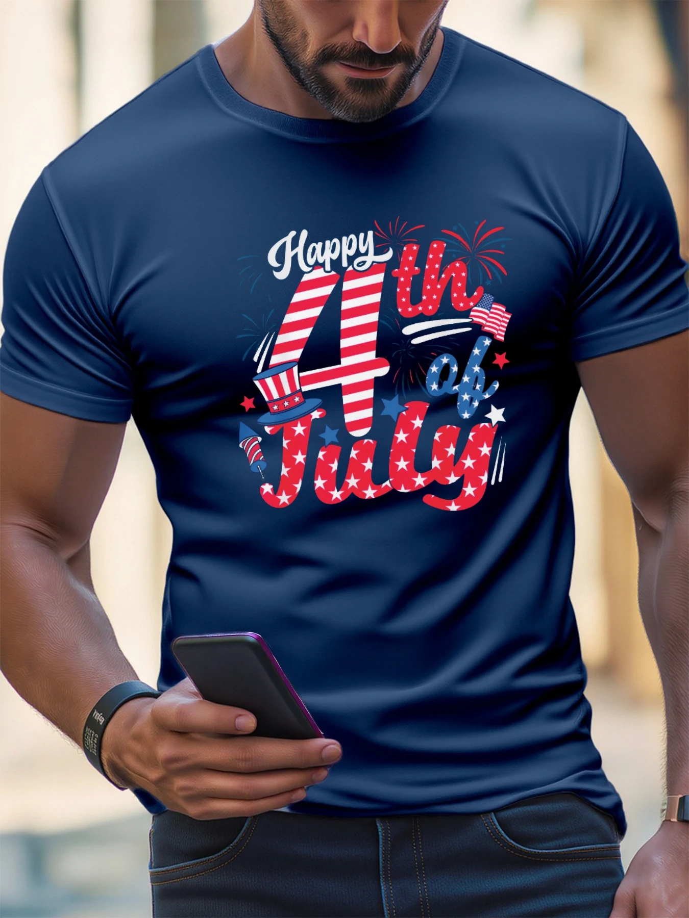 

T Shirt For Man 100% Cotton Summer US flag 4th of July celebration Print Casual Slim Fit Round Neck Short Sleeved T-shirt Top