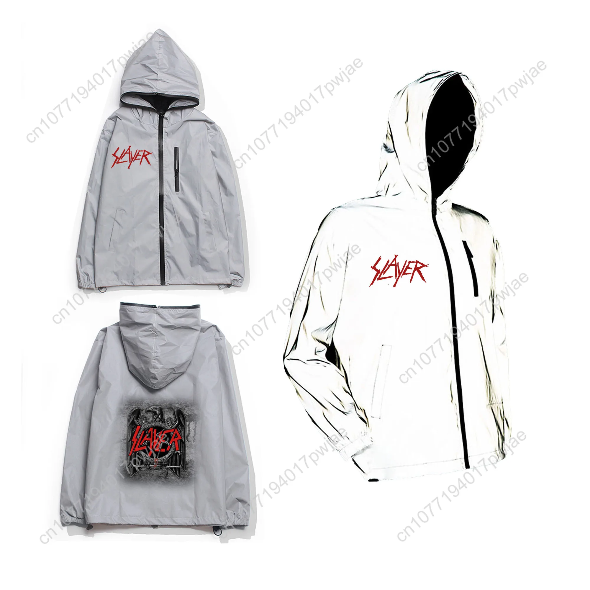 S-Slayer Rock Band Reflective Jacket Mens Womens Coat Hooded Windbreaker Run Pocket Jackets Hiking Zipper Customized Hoodie