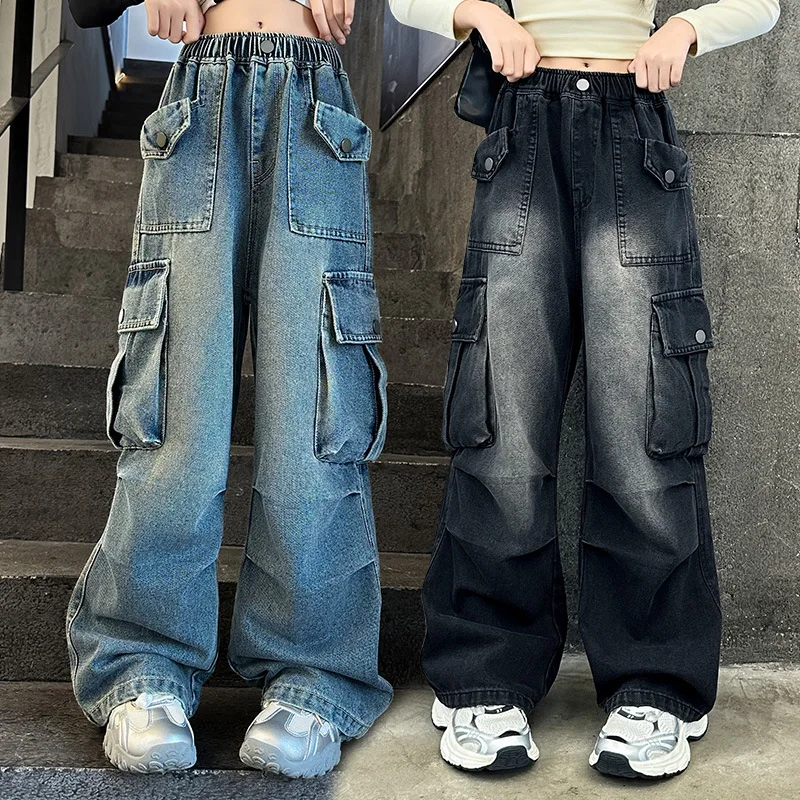 Girls Overalls Autumn 2025 New Foreign Style Children's Loose Jeans Children's Autumn and Winter Straight Wide-leg Pants