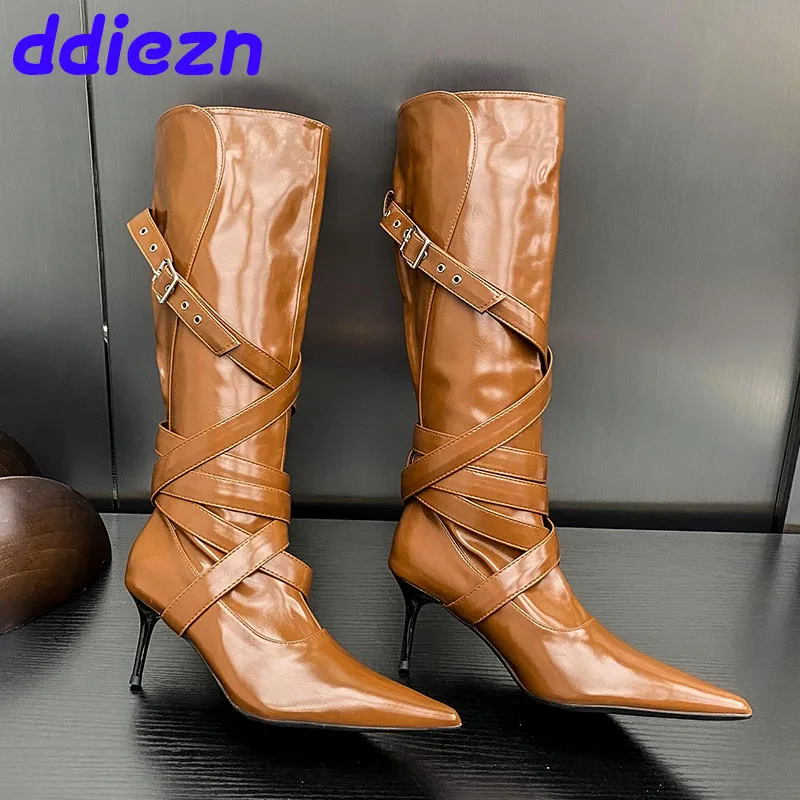 

Female New Shoes Pointed Toe Ladies Knee High Boots Fashion Designer Buckle Strap Footwear Women Long Booties With Heels Shoes